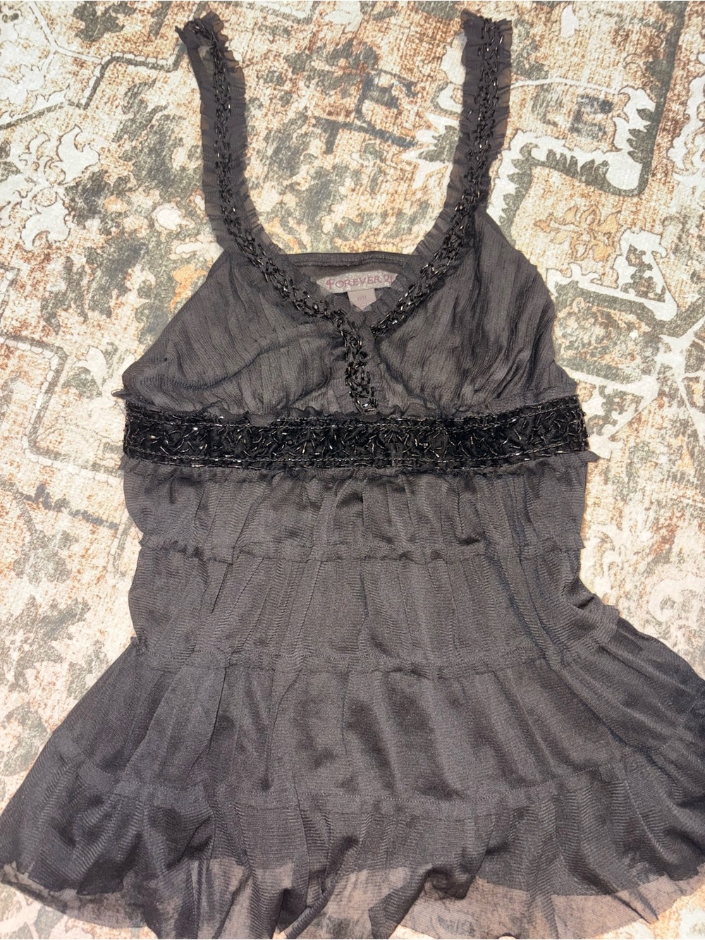Vintage Forever 21 Black Beaded Tiered Chiffon Dress